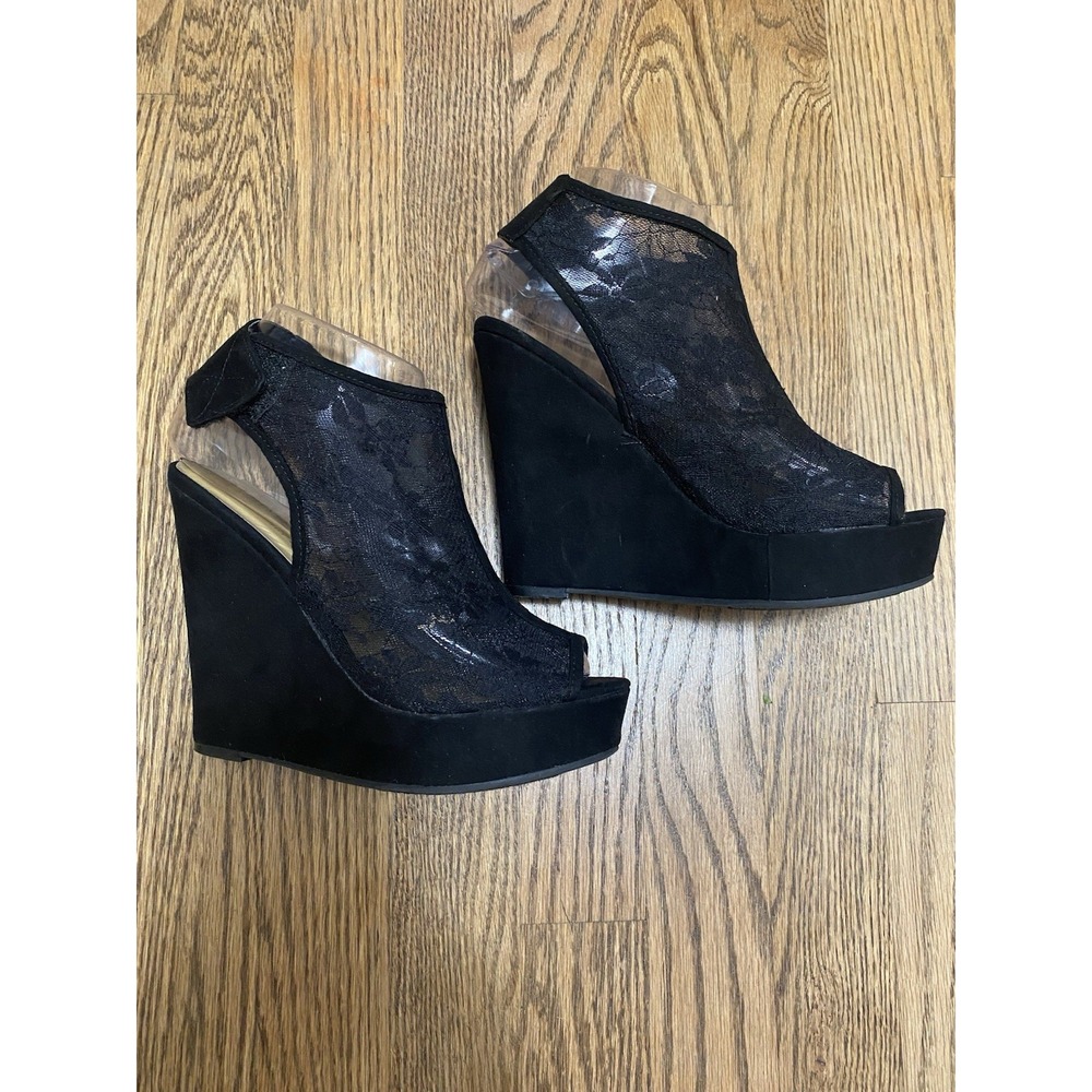 Chinese Laundry‎ Black Slingback Lace Mesh Upper Wedge Sandal SZ: 6